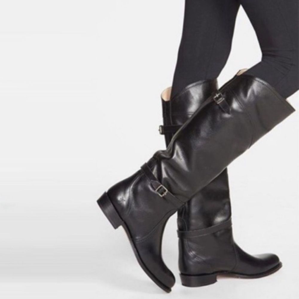Frye Dorado Black Leather Tall Riding Boots Women's Size 6 Knee High Buckle Fall